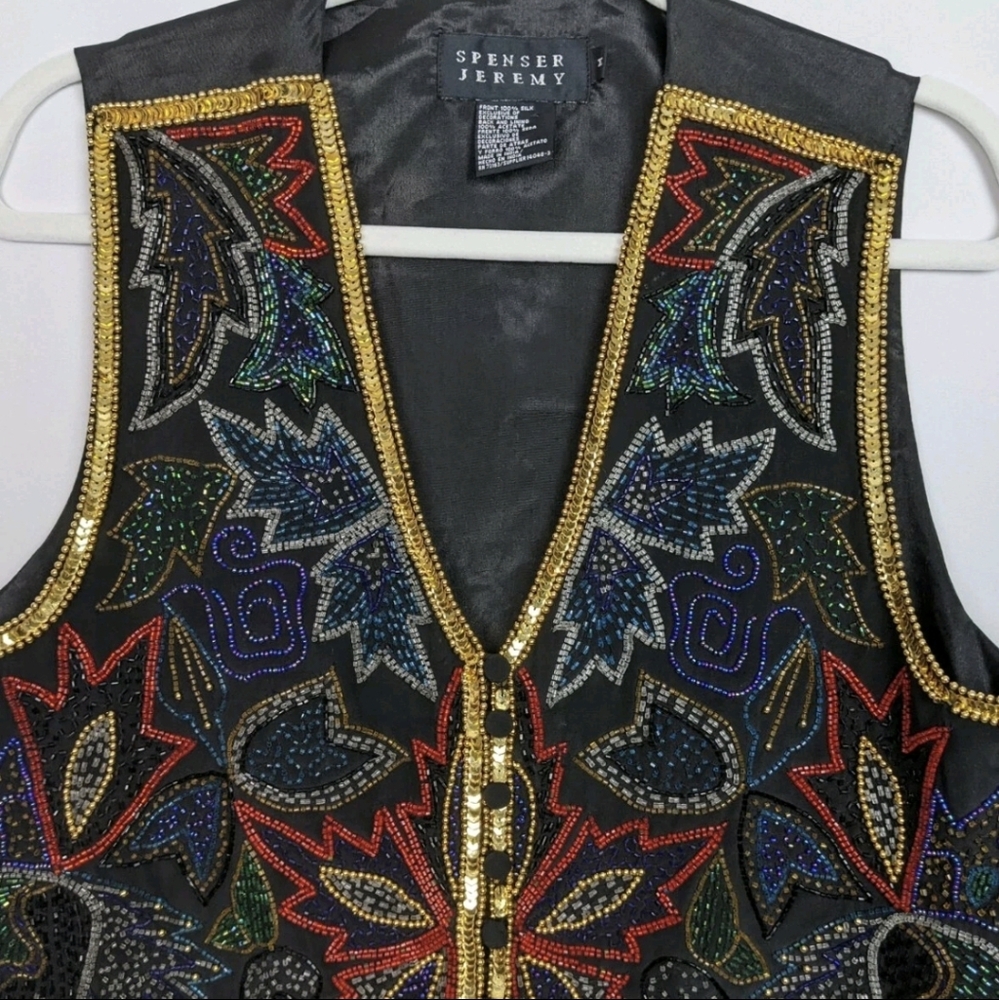 Spenser Jeremy Vintage 90s Floral Leaf Beaded Sequin Embellished Silk Vest sz.M - Picture 3 of 6